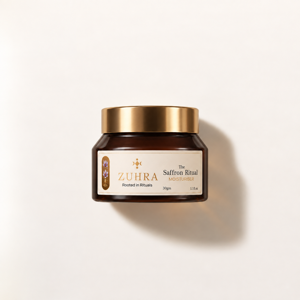 ZUHRA Saffron Face Moisturiser in a 30g amber glass jar with gold lid